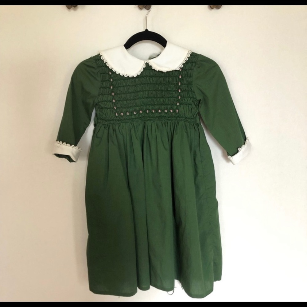 Vintage Polly Flinders Hand Smocked Green Dress 6X